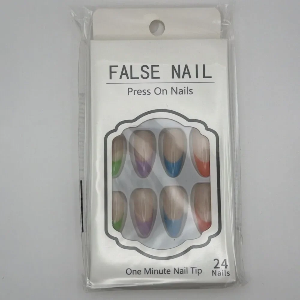 3 Sets 72 Press On Nails French Tip Almond Black Colorful Fake Nails Manicure